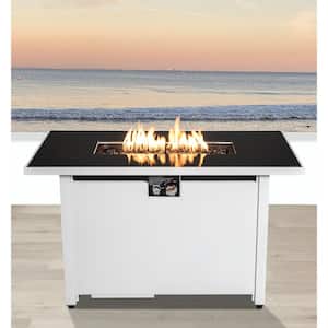 22 in. L x 43 in. W x 25 in. H Propane Outdoor Patio Stainless Steel Push Button Fire Pit Table with Protector, White