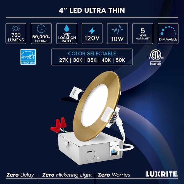 4 in. Ultra Thin Canless Integrated LED with J-Box, 10-Watt, 5CCT, Dimmable, 750 Lumens, Brass Trim, IC Rated