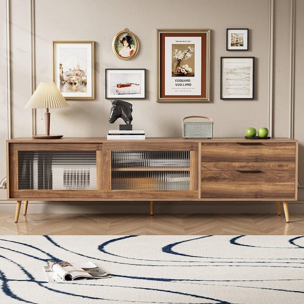 Walnut TV Stand Fits TV's up to 75 in. with 2-Glass Doors, 2-Drawers and Storage