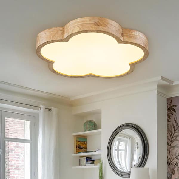 19.3 in. 1-Light Wooden Flower Integrated LED Flush Mount Ceiling Light Five Color Temperature Adjustable