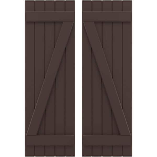17-1/2 in. W x 63 in. H Americraft 5 Board Exterior Real Wood Joined Board and Batten Shutters with Z-Bar Raisin Brown