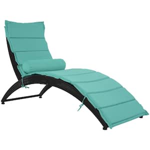 Black Wicker Outdoor Lounge Chair with Blue Cushions (1-Pack)