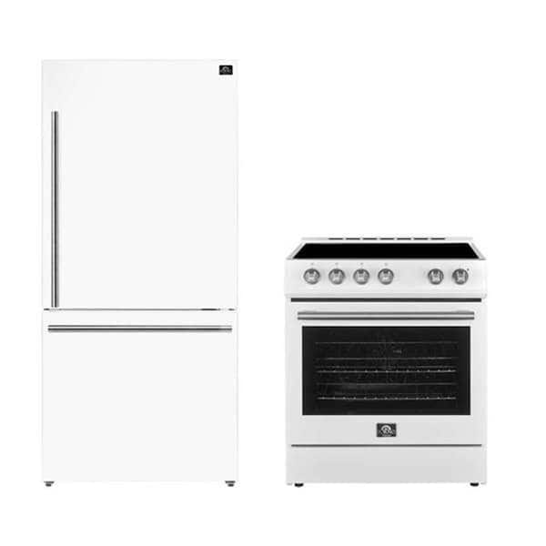 Forno Premium 2-Piece Kitchen Bundle - Leonardo Espresso 30 in. White Range, 31 in. White Bottom Freezer Refrigerator