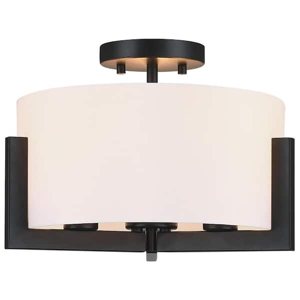 TRUE FINE 14 in. 3-Light Matte Black Semi-Flush Mount Ceiling Light with Drum Shade