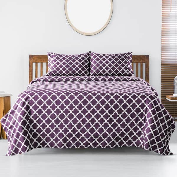 Lux Decor 4-Piece Microfiber Sheet Set Geometric Pattern with Deep Pocket Fitted Sheet and Pillowcases-Full Purple