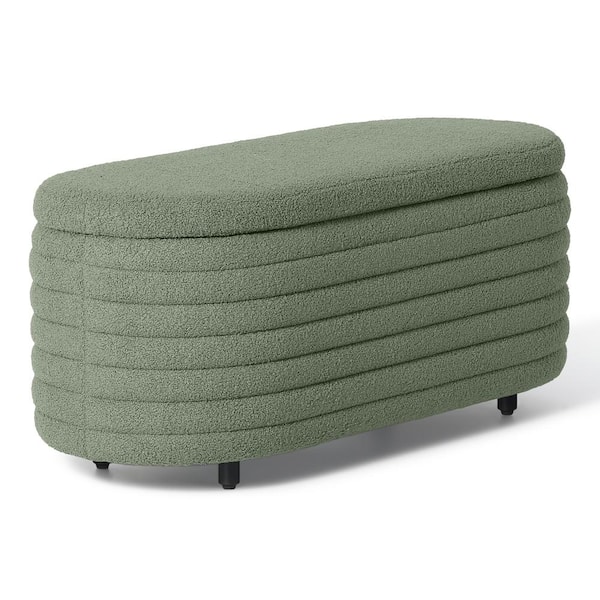 WESTINFURNITURE Bayville 42 in. Wide Oval Sherpa Upholstered Entryway Flip Top Storage Bedroom Accent Bench in Ice Green