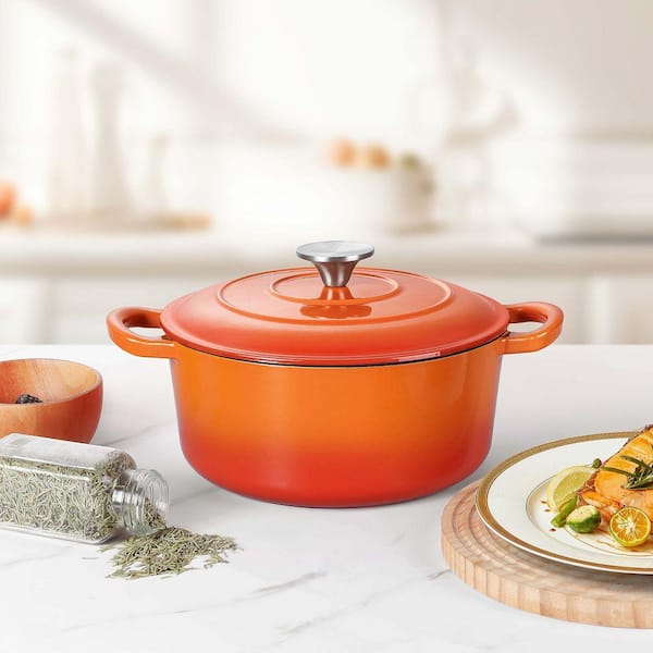 3 qt. Enameled Cast Iron Round Orange Dutch Oven with Lid Heavy
