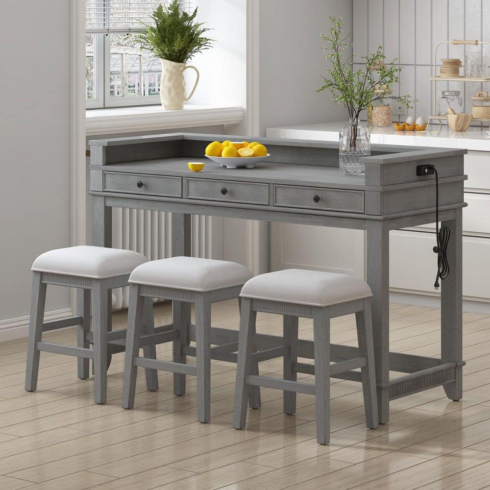4-Piece Light Grey Wood Top Dining Set Seats 3 with Storage Drawers price history on PriceWatchPro
