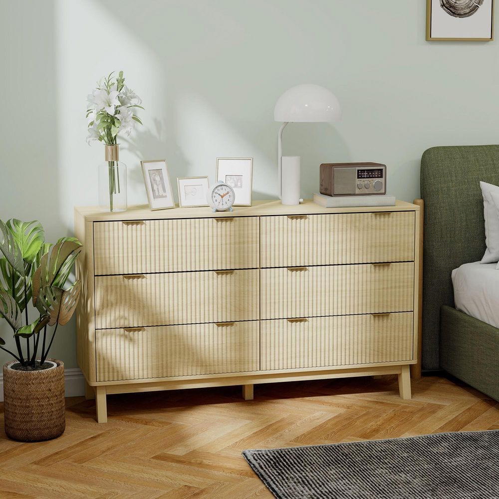 HOMCOM Fluted Dresser for Bedroom with 6 Drawers, 54" Wide Chest of Drawers with Gold Finger Pulls and 5 Wood Legs, Natural Wood