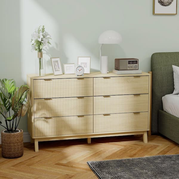 54 inch long dresser Farmhouse 6 Drawers Dresser for Bedroom, 54 Inch Wide Wood Dresser Chest of Drawers, Vintage Design TV Stand, Rustic Storage Dressers Organizer for Bedroom, Living Room, Hallway - Blue