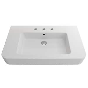 Parma 33.5 in. 3-Hole Wall-Mounted Matte White Fireclay Bathroom Sink with Overflow