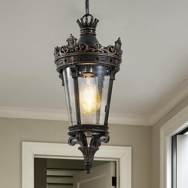 17.7 in. 1-Light Metal Bronze Outdoor Pendant Lights Waterproof Hanging Lantern, Clear Glass Shade, E12 Base, No Bulb