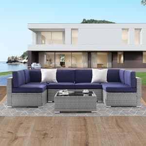 7-Piece PE Wicker Rattan Patio Conversation Sets All-Weather Sofa Set with Navy Blue Cushion, Gray wicker