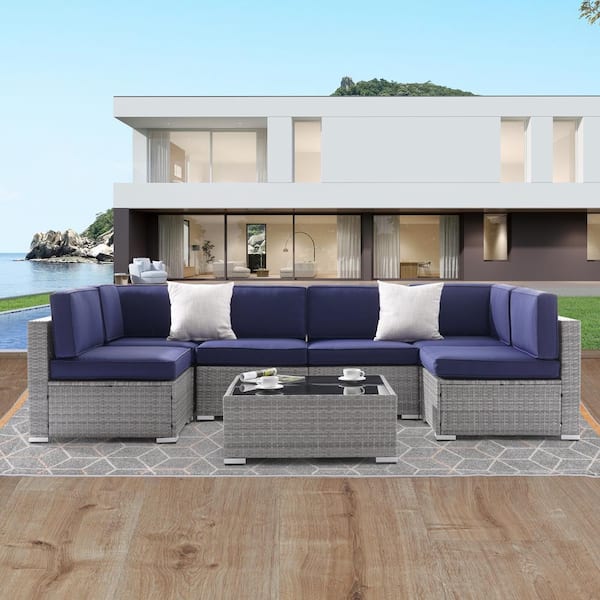 JOYESERY 7-Piece PE Wicker Rattan Patio Conversation Sets All-Weather Sofa Set with Navy Blue Cushion, Gray wicker