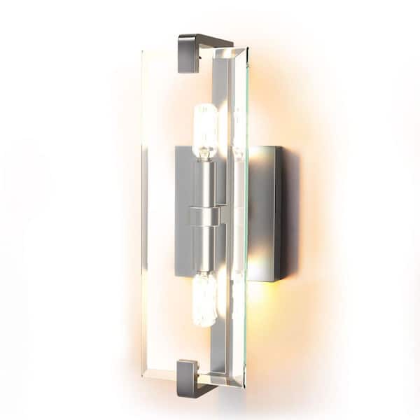 14.5 in. Silver Modern Interior Wall Lamp, 2-Lights Dimmable Wall Sconce with 2 Bulbs for Bathrooms Hallways