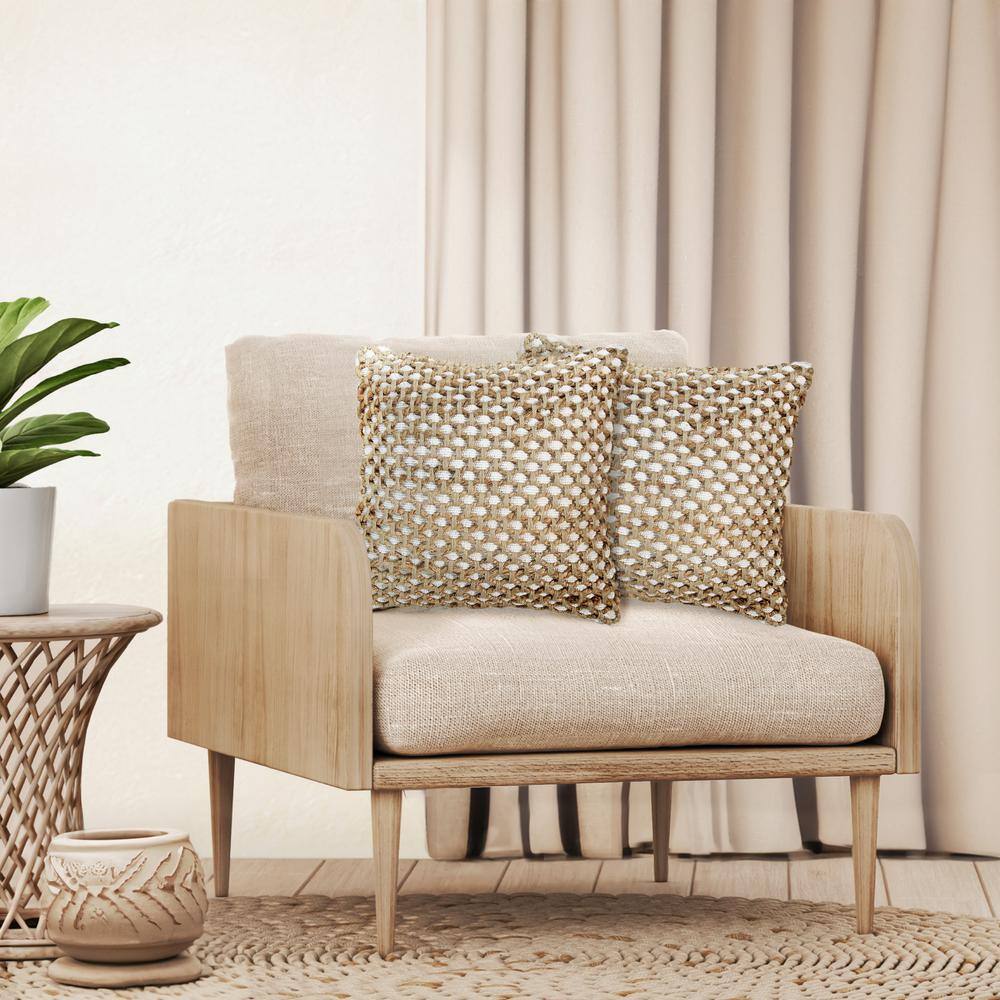Jada 20" White and Beige Cotton Jute Throw Pillow Covers