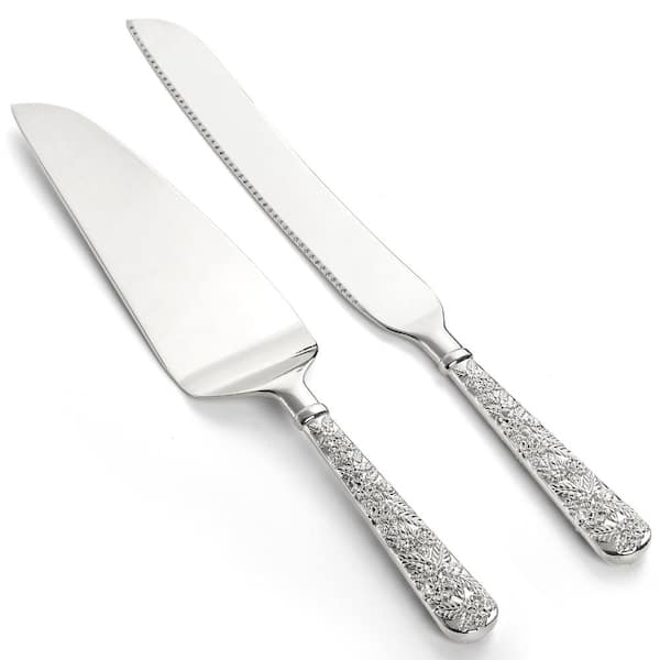 2-Piece Vintage Engraved Silver Cake Knife and Server Set for Weddings, Birthdays and Anniversaries