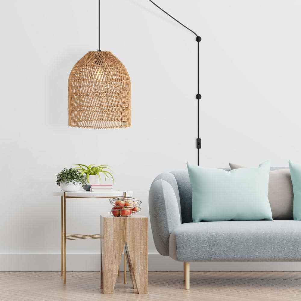 Bohemian Swirl 13" LED Pendant with Adjustable Rattan Shade, Brown