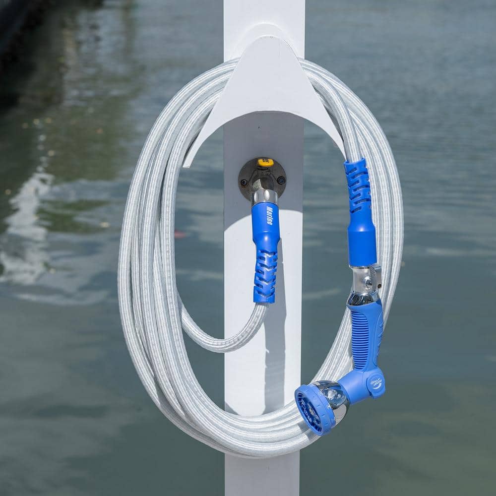 White and Blue Expandable Marine Hose with Spray Nozzle, 25 ft
