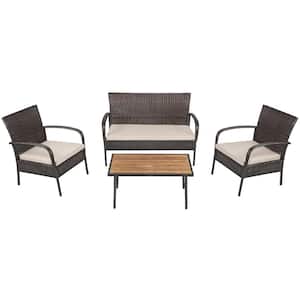 Brown 4-Pieces Wicker Patio Conversation Set Coffee Table with Cream Cushions