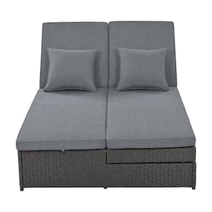 Gray Outdoor Double Sunbed Wicker Rattan Patio Reclining Chairs with Gray Cushion and Pillow