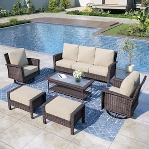 Black 6-Pieces Metal Patio Conversation Sectional Seating Set with Swivel Sofa Chairs, Glass Top Table and Beige Cushion