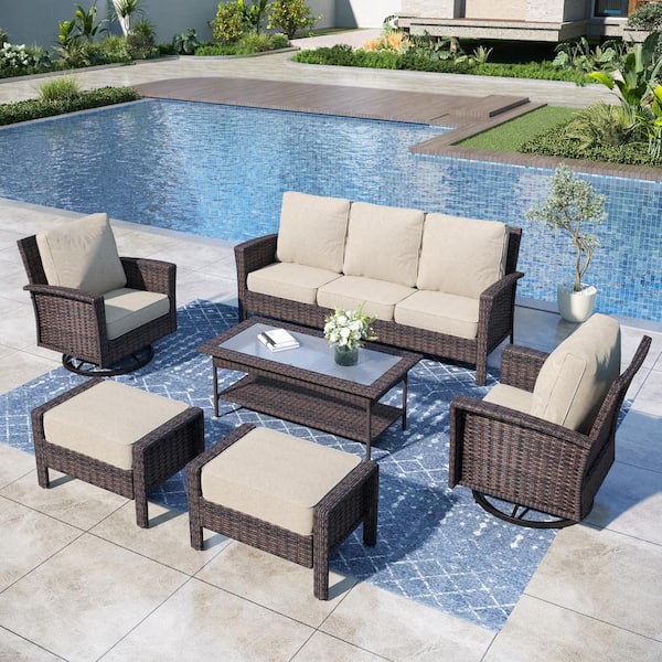 Phi Villa Black 6-pieces Metal Patio Conversation Sectional Seating Set 