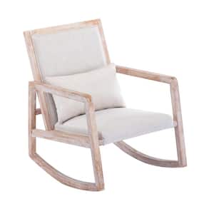 Patio Natural Wood Outdoor Rocking Chair with Beige Cushions