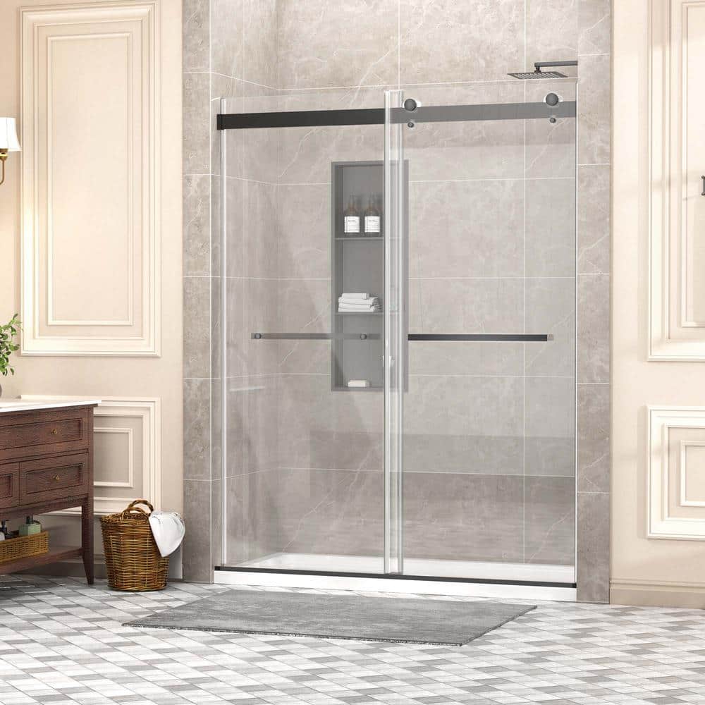 56 in. to 60 in. W  x 75 in. H Double Sliding Frameless Shower Door in Bla