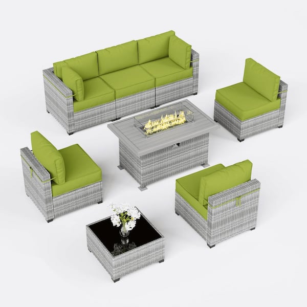 Kimunuk 8-Piece Wicker Outdoor Patio Sectional Conversation Set with Cushions and Fire Pit Table Grass Green