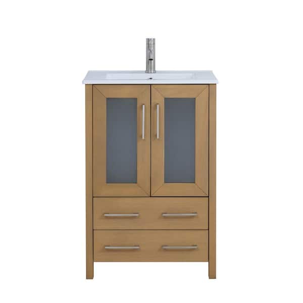 Vanity Art 24 in. W x 18.1 in. D x 35.8 in. H Single Basin Natural Oak Bath Vanity with White Ceramic Top and Mirror