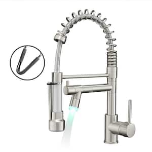 Contemporary Single Handle Spring Pull Down Sprayer Kitchen Faucet with LED in Brushed Nickel