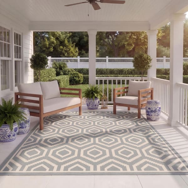 Courtyard Anthracite/Beige 8 ft. x 11 ft. Geometric Indoor/Outdoor Patio  Area Rug