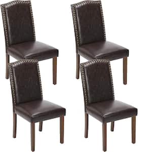 Brown Leather Upholstery Parsons Dining Accent Chair with Nailhead Trim Set of 4