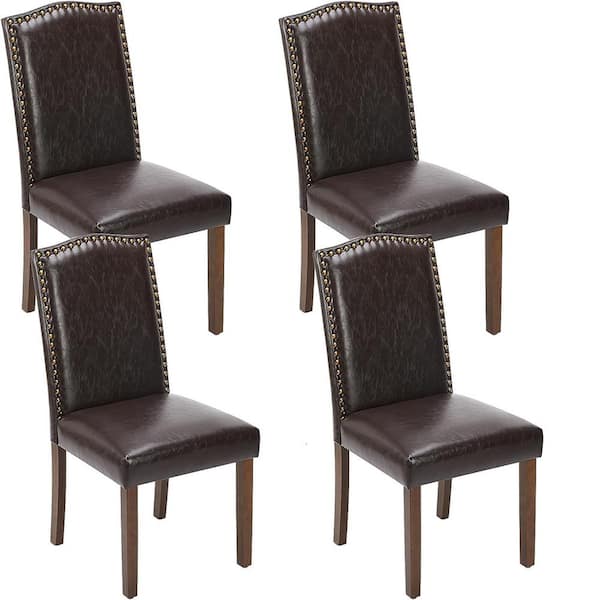 FIRNEWST Brown Leather Upholstery Parsons Dining Accent Chair with Nailhead Trim Set of 4