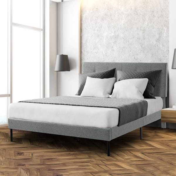 JEAREY Alex Grey Twin Upholstered Platform Bed Frame with Headboard