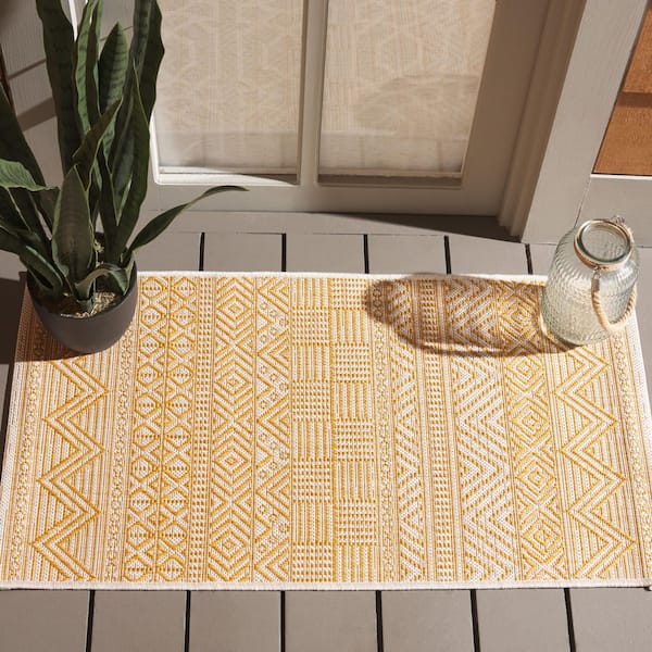 Courtyard Beige/Gold 2 ft. x 4 ft. Striped Tribal Chevron Indoor/Outdoor Area Rug