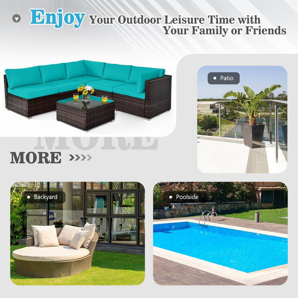 Turquoise Cushioned 5-Person Brown Iron Wicker Patio Set