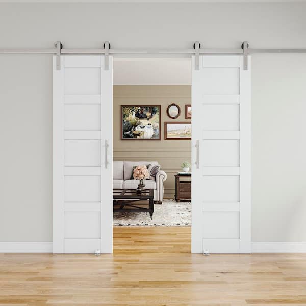 EH PUERTA 48 in. x 80 in. White Primed 5-Lite Pattern Paneled MDF Sliding Barn Door with Hardware Kit Nickel Plated