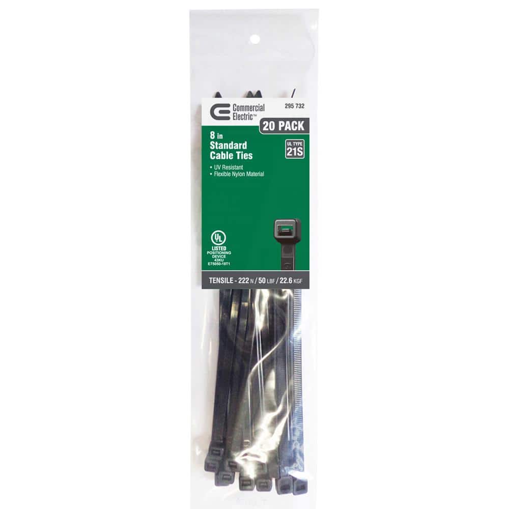 8in Standard 50lb Tensile Strength UL 21S Rated Cable Zip Ties 20 Pack UV (