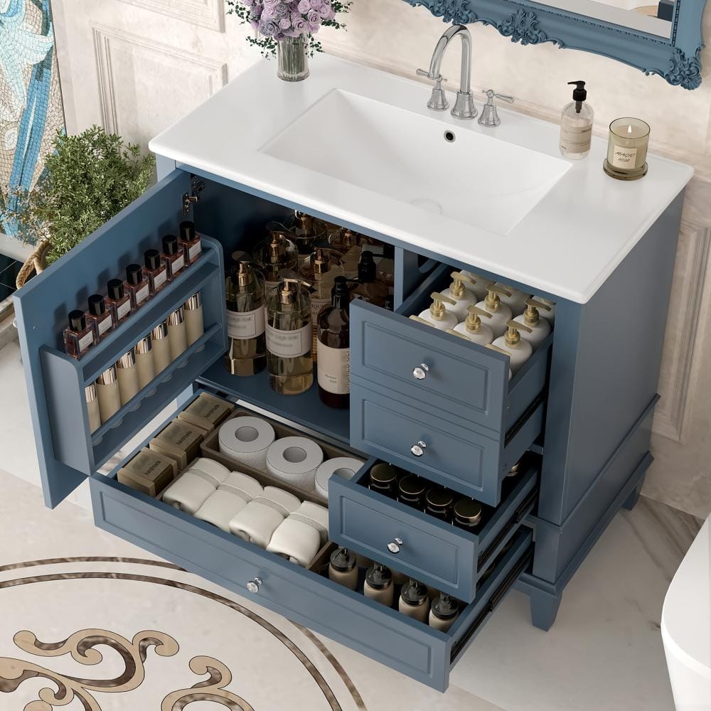 "36"" Blue Gray Freestanding Bathroom Vanity with Ceramic Sink, MDF+Solid Wood, 3 Drawers, 4-Inch Holes" price history on PriceWatchPro