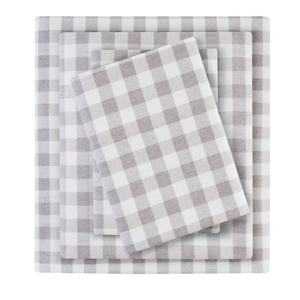 Cozy Cotton Flannel 4-Piece Gray Herringbone Check Cotton Queen Sheet Set