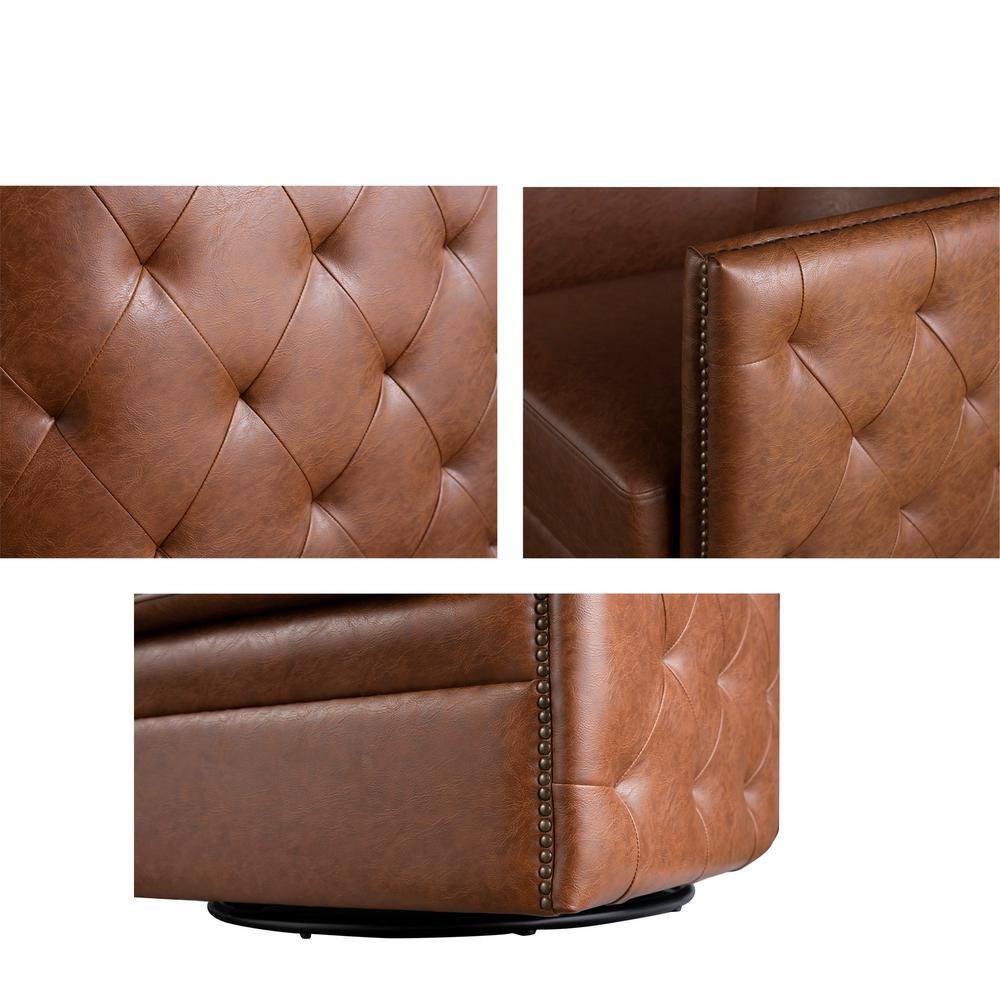 Brown Faux Leather Barrel Swivel Accent Chair with Wood Frame