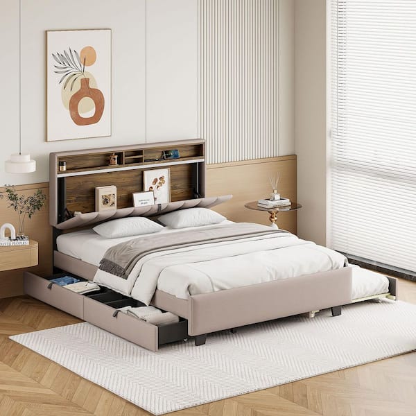 Harper & Bright Designs Beige Wood Frame Queen Size Upholstered Platform Bed with Adjustable Headboard, LED, USB Charging and 2-Drawers