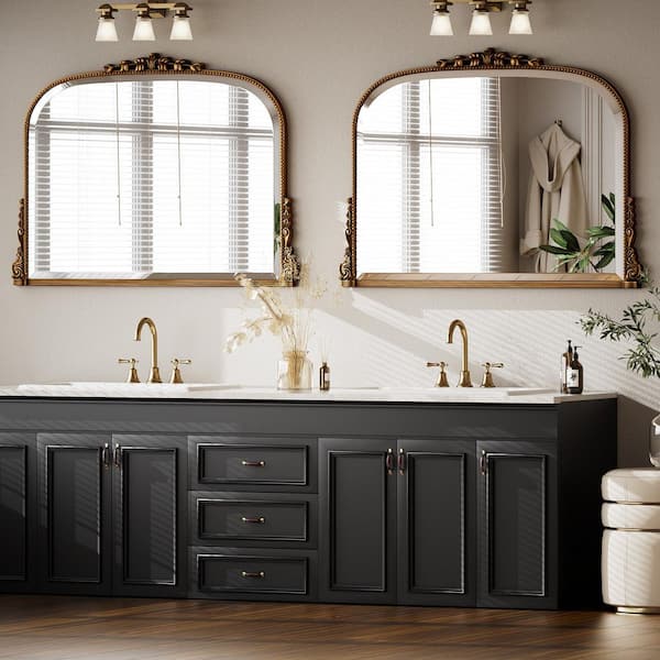 XRAMFY Antique Gold 44 in. W x 32 in. H Arched Polyurethane Framed