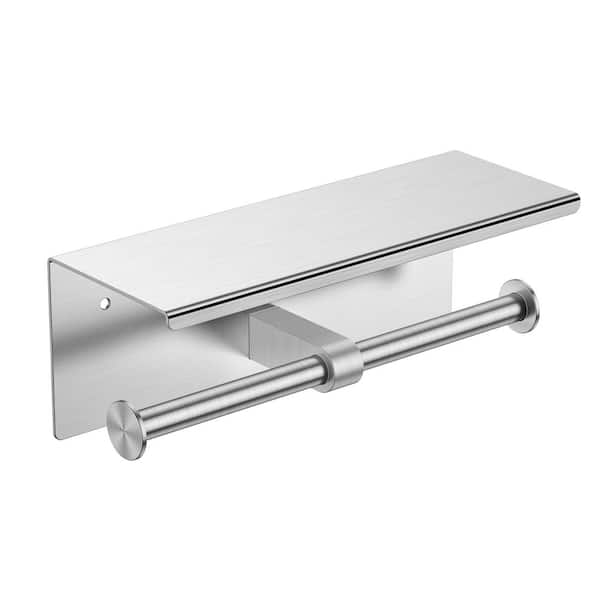 Stainless Steel Wall Mounted Double Post Toilet Paper Holder with Shelf Storage Rack in Brushed Nickel