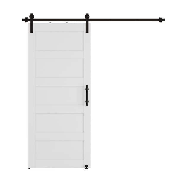 30 in. x 84 in. 5-Panel White MDF Sliding Barn Door Slab with Hardware Kit (with Round Tube Handrail and Sway Stop)