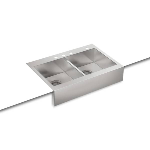 KOHLER Vault Drop-In Farmhouse Apron Front Self-Trimming Stainless Steel 36 in. 4-Hole Double Bowl Kitchen Sink