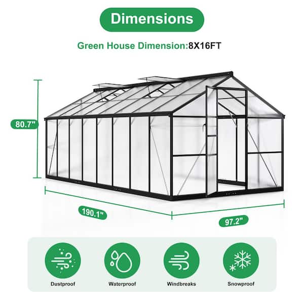 VIWAT 8 ft. W x 16 ft. D Greenhouse for Outdoors, Polycarbonate