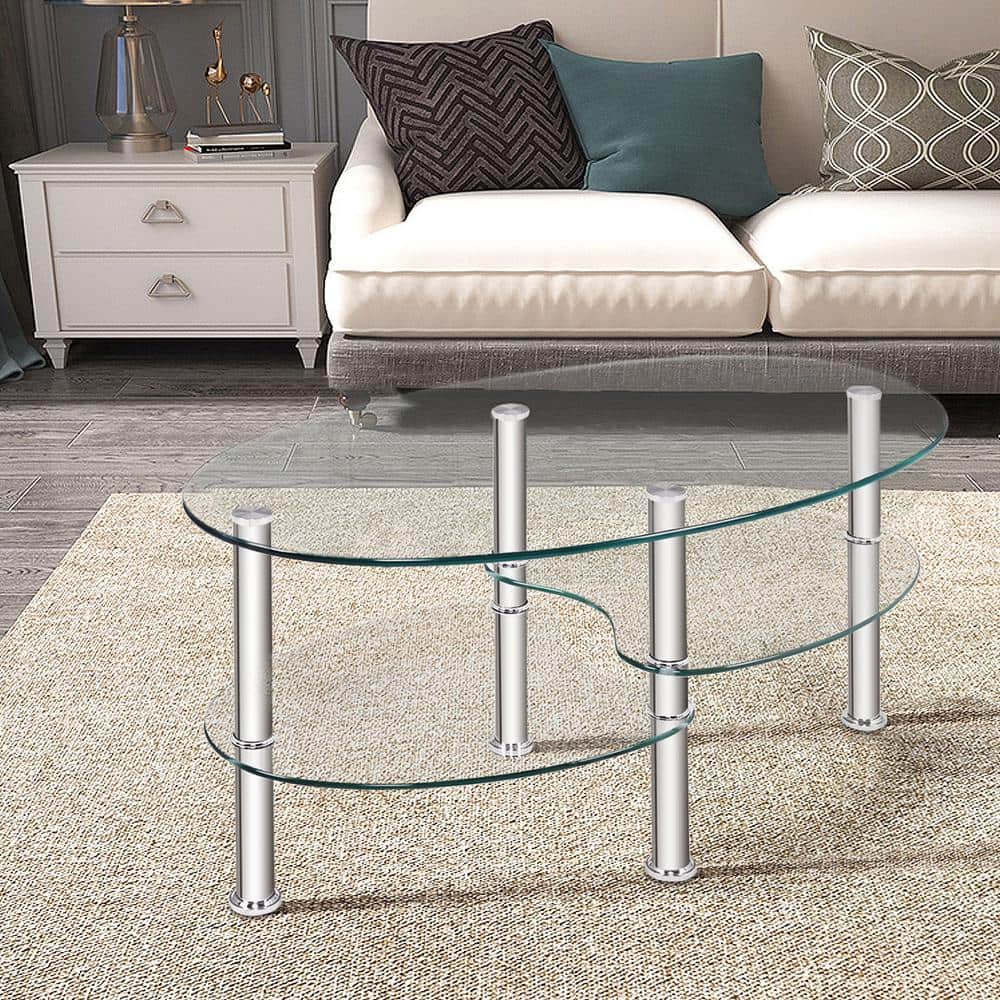 Transparent Oval Tempered Glass Coffee Table with Metal Legs